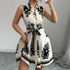Women's Fashion Lapel Button Print Waist Tie Sleeveless Dresses