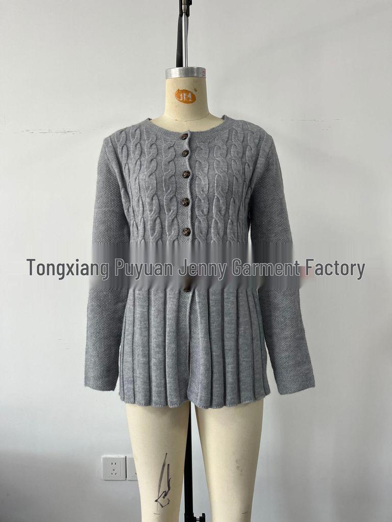 2026 European Style Women's Cable Knit Cardigan: Round Neck, Waist-Cinched, A-Line Hem, Single-Breasted Sweater Coat for Spring/Autumn