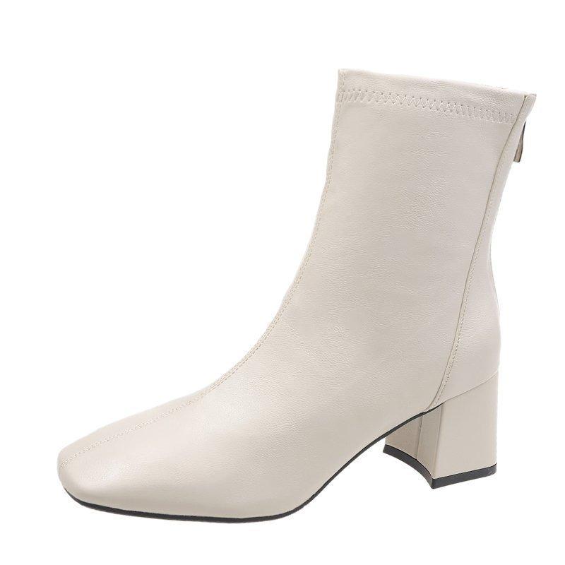 Martin Boots Women's New Women's Boots Winter Square Head Rear Zipper Short Boots Women's Thick Heel Medium Heel Boots Women's 6cm