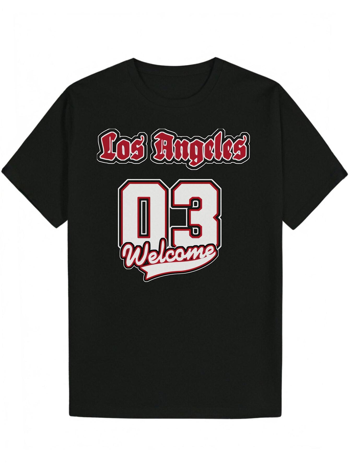 

Los Angeles 03 Welcome T-shirt - Black Casual Crew Neck Polyester Tee with Red & White Graphic XXL