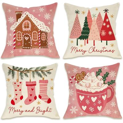 Charming Christmas Pillow Covers: Gingerbread House, Trees, Socks, and Cozy Cup Designs Sofa Room Cushion Cover Home Decoration