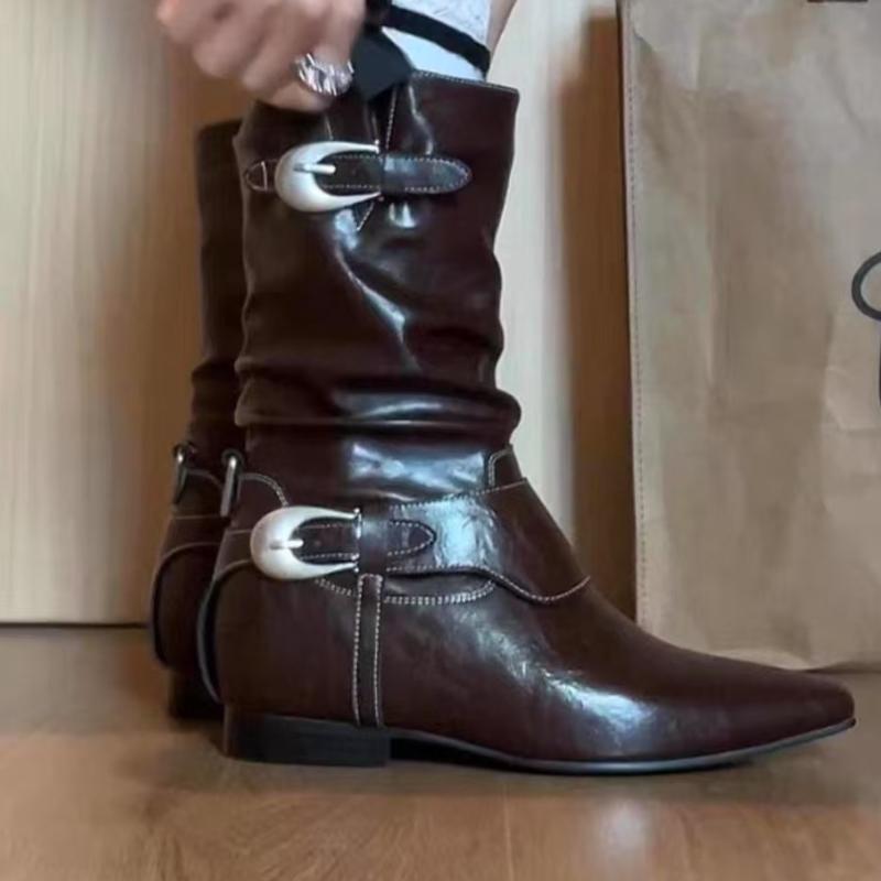 Fashion Retro Knight Boots Autumn New Fashion Pointed Toe Metal Belt Buckle Inside Heightened Anti-Slip Wear-Resistant Mid-