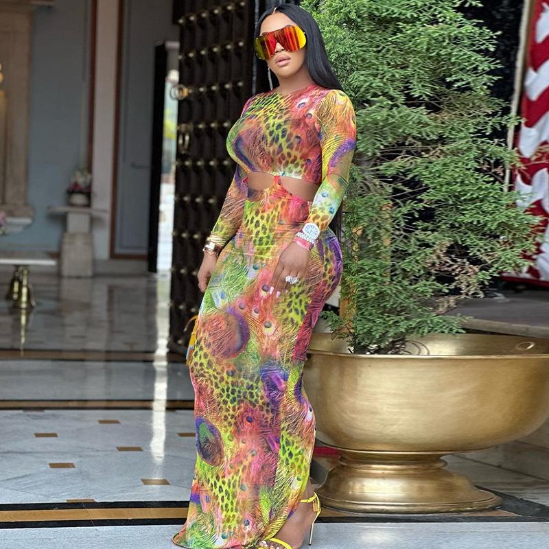 European and American Style Round Neck Tight Long Dress with Printed Long Sleeves and Hip Hugging Skirt