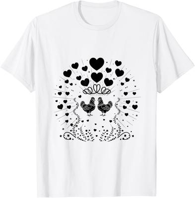 Chicken Couple Hearts Valentine Farm Animal Graphic Tee Soft Cotton Casual Daily T-Shirt
