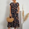 Large Cotton Linen Printed Summer Dress - Women's Loose Fit, Round Neck with Pockets.