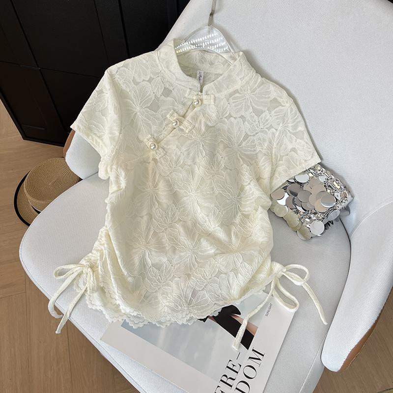 

Store hot-selling high-end jacquard embroidery short-sleeved lace shirt buckle drawstring shirt collar M ([Recommended below 50kg]) білий
