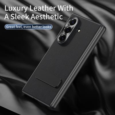 Premium Leather Phone Case for Samsung Galaxy Z Fold 8 Ultra ZFold 7 6 5 4 Alloy Lens Plate Hinge Protection Bracket Stand Cover