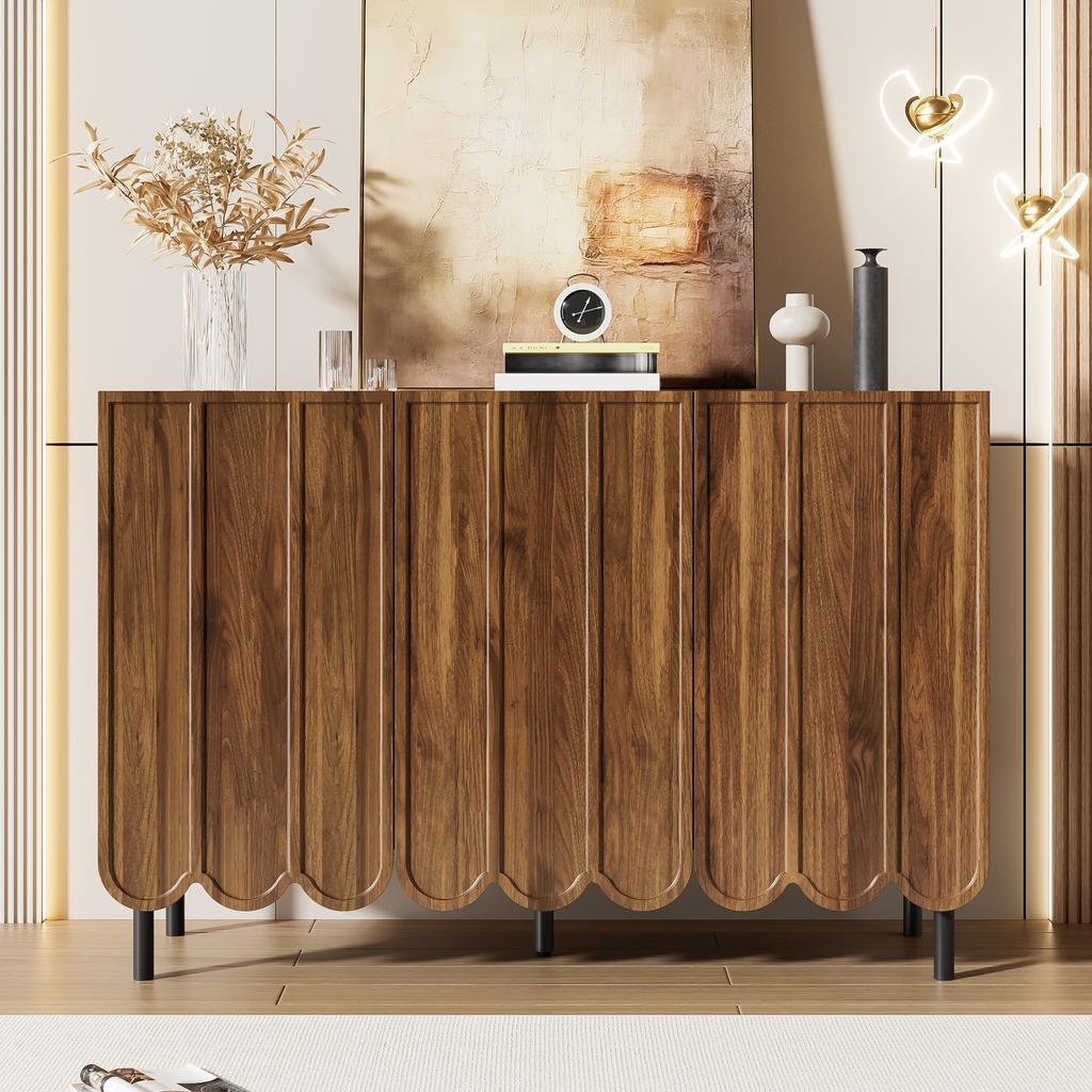 Modern wood-colored sideboard with wave doors – 120x35x80 cm – handleless, adjustable shelves – storage space for living room, hallway & dining room