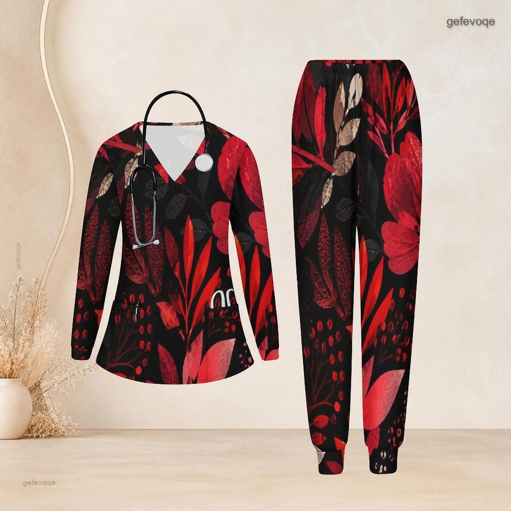 Women Plus Size Printed Nurse Scrub Set V Neck Long Sleeve Top And Pants With Pockets
