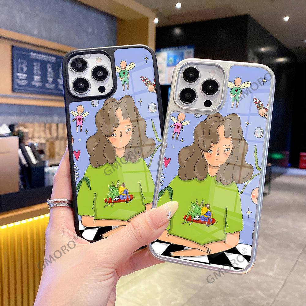 Hot-selling graffiti curly hair girl applies Apple 17 glossy glass 16/15pro large hole anti-collision mobile phone case