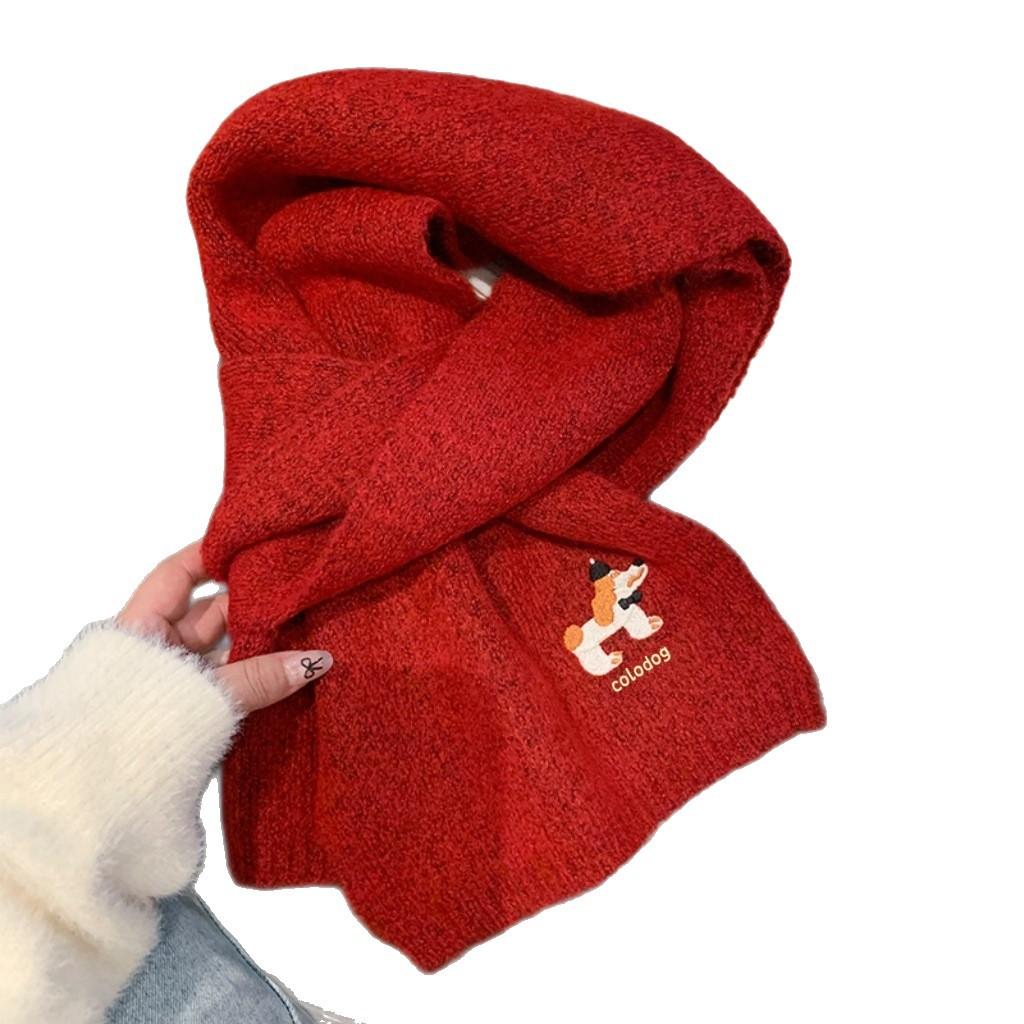 Korean Version of Cute Puppy Knitted Wool Scarf Women's Winter Atmosphere Versatile Embroidery Warm Student Scarf Neck Protection