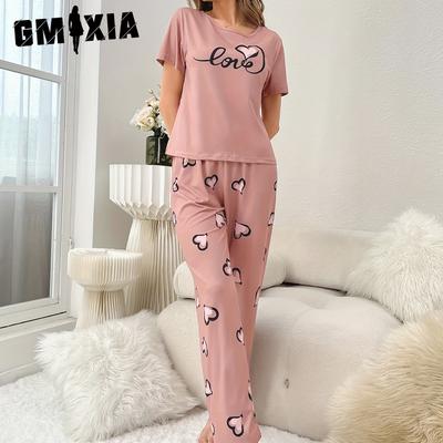 Haus-Nachtwäsche Lässiges Komfort-Set Bedrucktes Kurzarm-Lange Hosen Damen Sommer-Pyjama