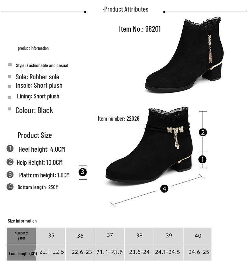 Damskor, Frostad Läder, Rund Tå, Tjock Klack, Ankelboots - Plus Sammet Varma