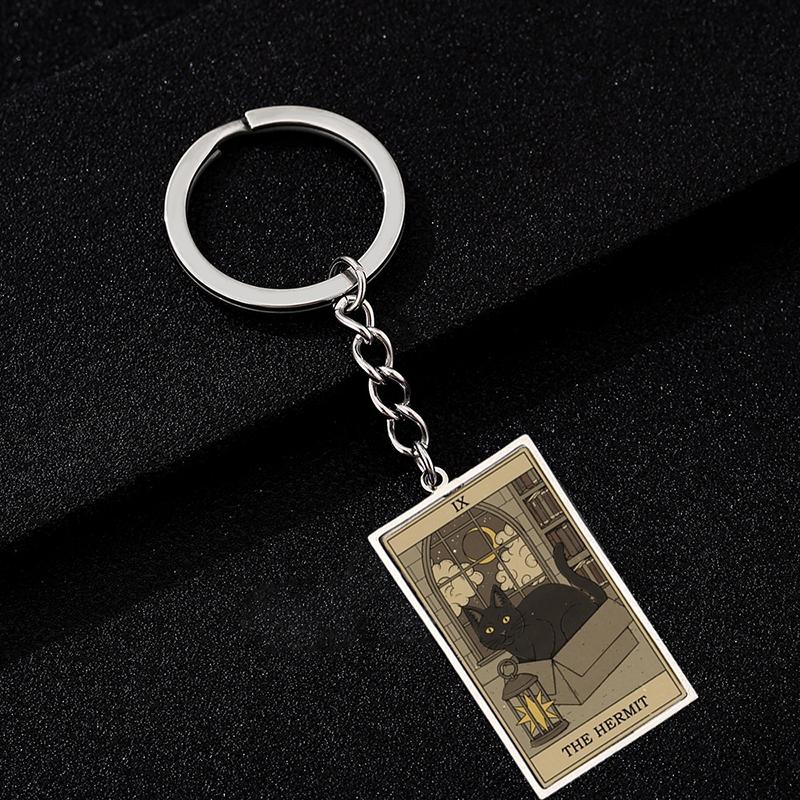 Cute Cat Tarot Card Keychain Vintage Rectangle Epoxy Stainless Steel Pendant Key Chain Animal Divination Jewelry