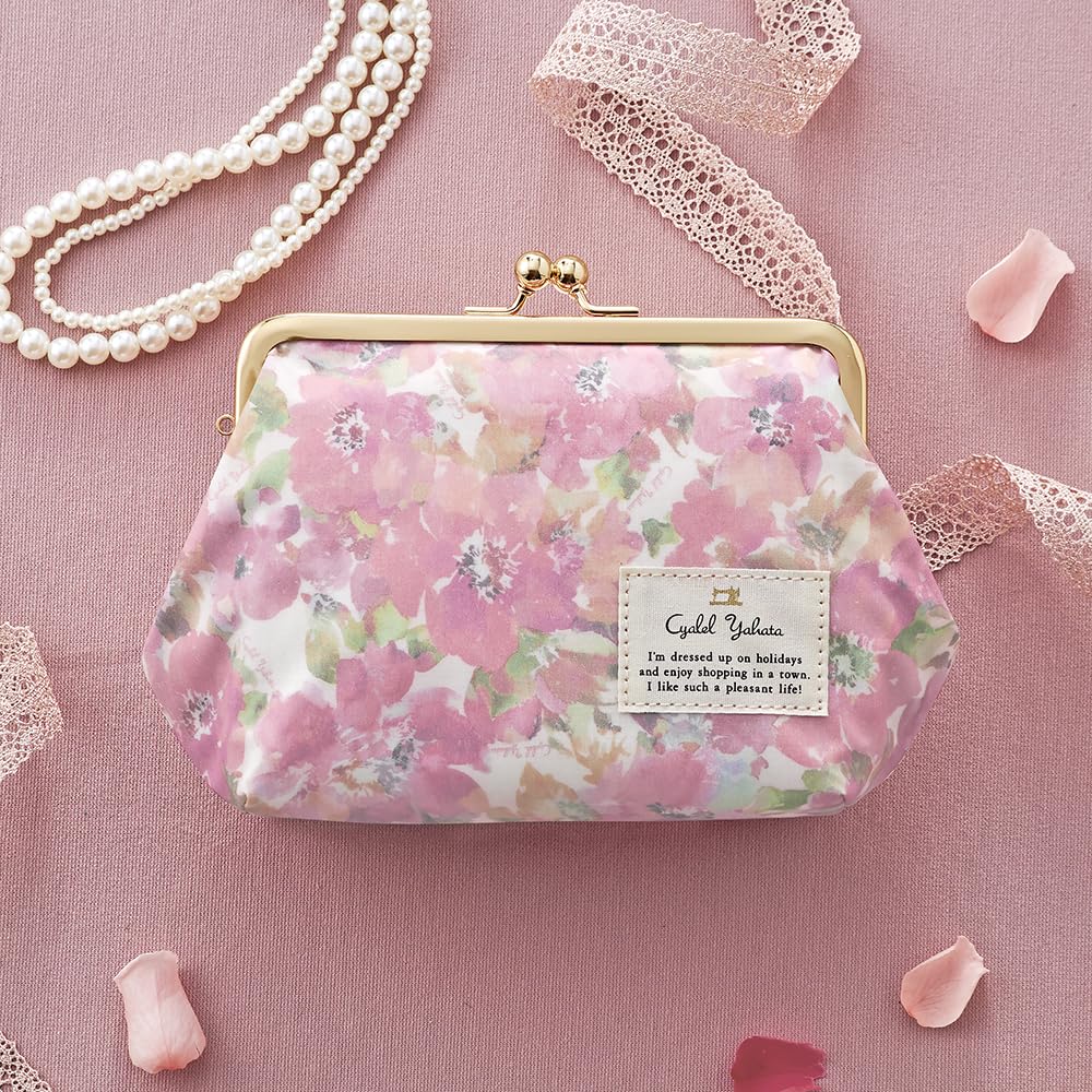 Cosmetic Pouch with Cute and Standing Floral Made in Japan Flower Women's Clasp, Stylish, Up, Print, (Silky Pink)