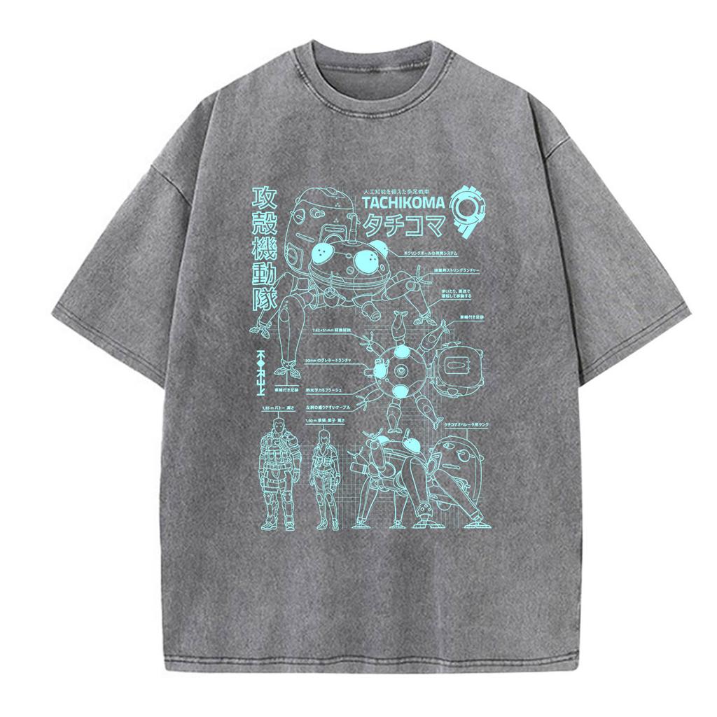 Anime Ghost In The Shell Motoko Kusanagi Vintage Washed T Shirts Men Women Clothing Casual Short Sleeve Oversized Tshirts Tops