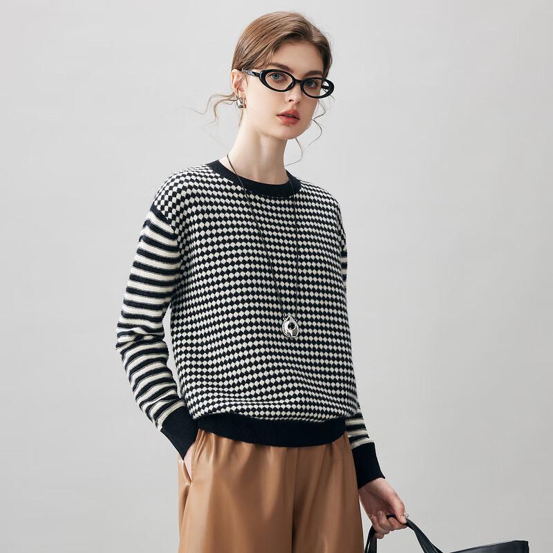 Comon Boca Women's Striped Jacquard Round Neck Cashmere Sweater