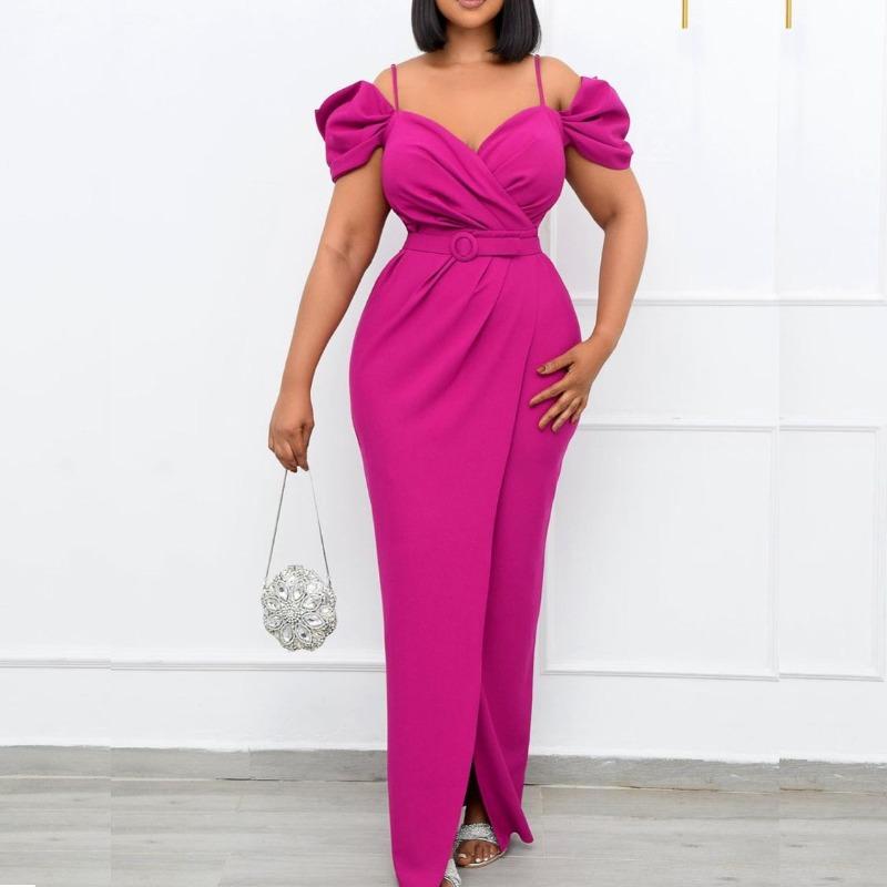 Free belt off-the-shoulder suspender solid color V-neck sexy hip-wrapped long dress dress dress dress
