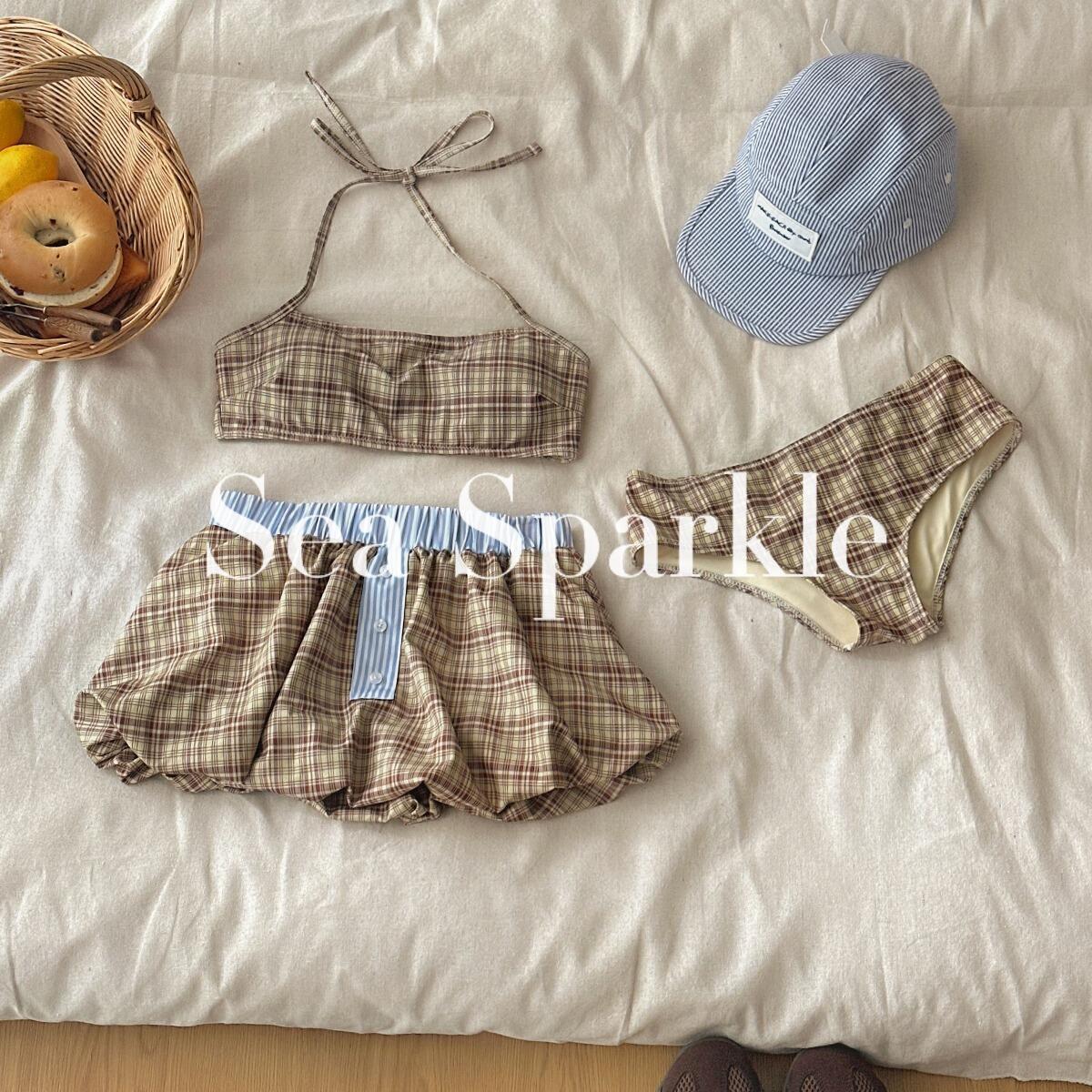 

[Sea Sparkling] Hazelnut Korean Bud Skirt Bikini Three Piece Plaid Jenny Atmosphere Island M