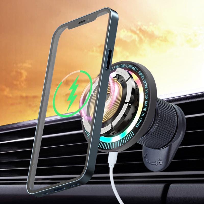 15W RGB Magnetic Car Wireless Charger & Phone Holder: Fast Charging with Colorful Atmosphere Light