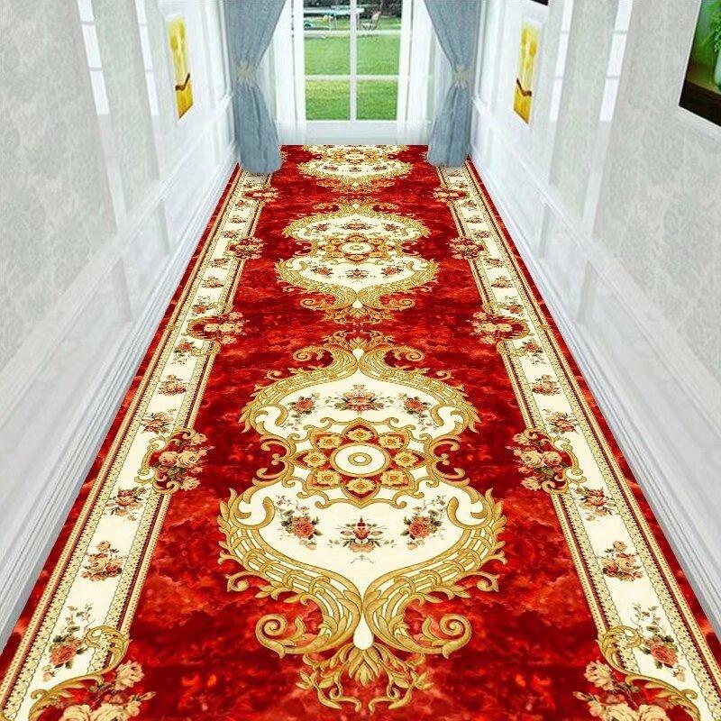 Red European Luxury Easy Clean Long Corridor Carpet Non-slip Lint-free Classical Hallway Rug Wedding Soft Passageway Floor Mat