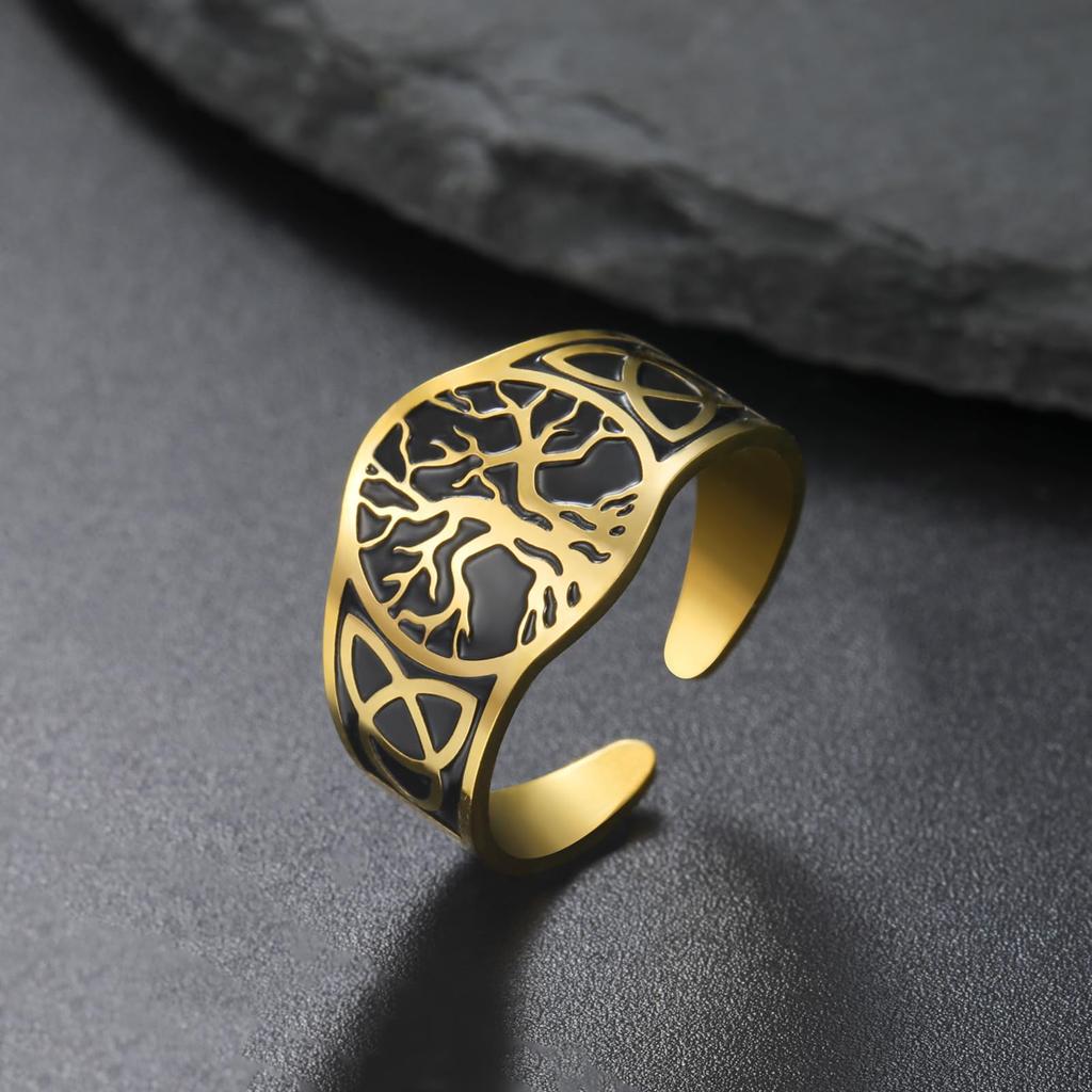 Dreamtimes Tree of Life Ring Adjustable Stainless Steel Yggdrasil Amulet Jewelry Gift for Men Women Vintage Religious