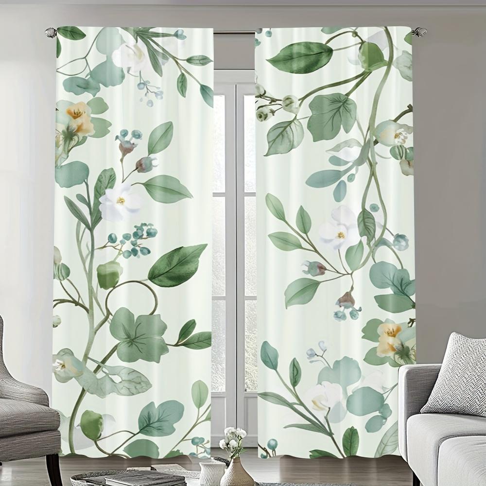 2Pc Sets Of Green Leaf Themed Curtains, Polyester Fabric, Machine Washable, Suitable For Bedroom, Living Room, Bathroom