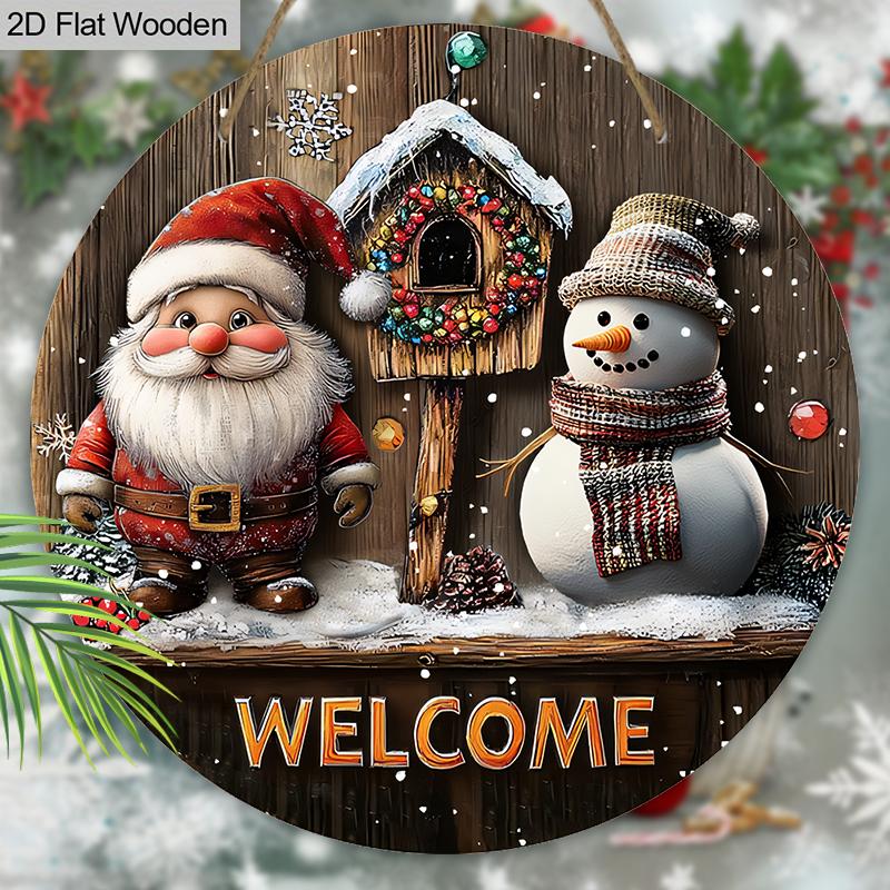 Christmas Wooden Welcome Sign with Santa Claus & Snowman Pattern - Navidad Round Sign for Front Door, Wall Hanging Decor - Ideal Christmas Gift