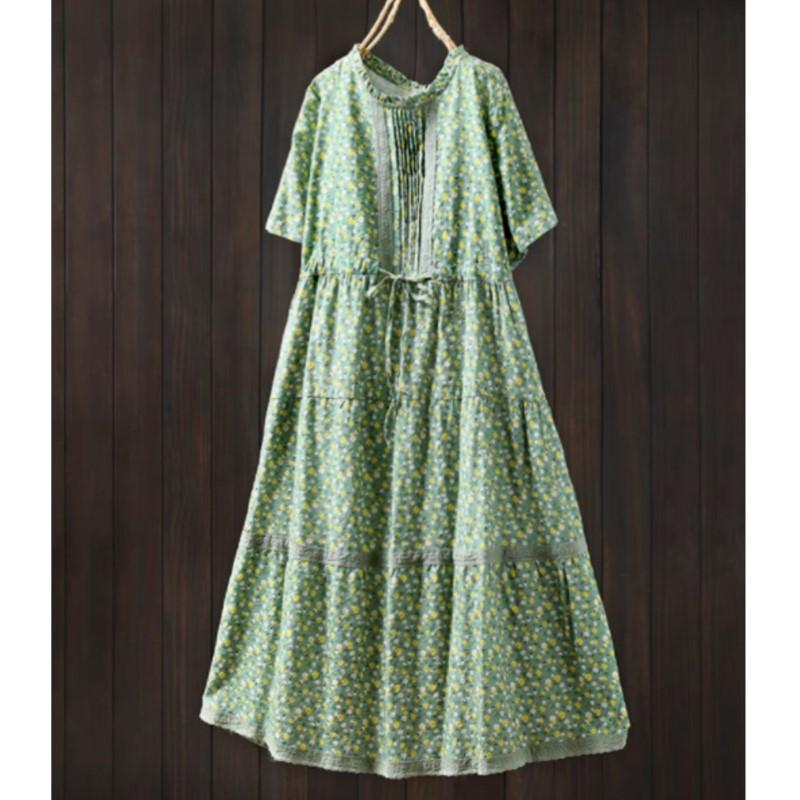 

Johnature Women Vintage Dresses Print Floral O-Neck Short Sleeve Patchwork Summer A-Line Female Dress One Size