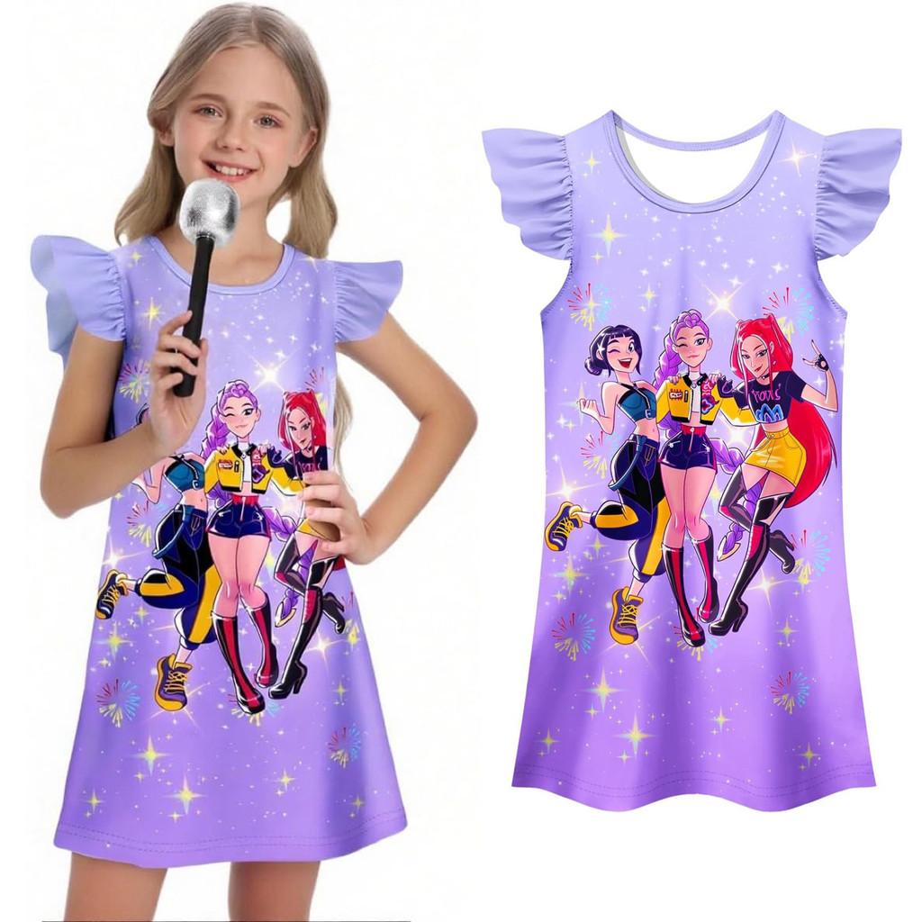 Kpop Demon Hunters Pattern Girl Sleep Dress With Cartoon Pattern For Kids Summer Wear