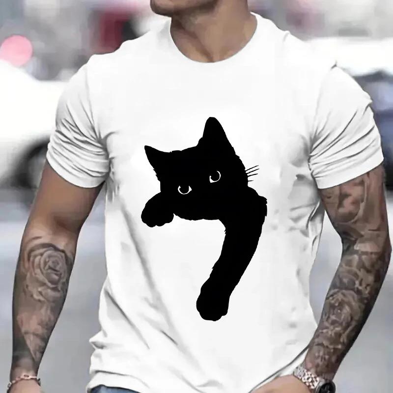 Funny Black Cat Men T-shirt Summer Harajuku Fashion Male Breathable Aesthetic Oversized Clothing Ulzzang Tees Graphic Y2k Tops