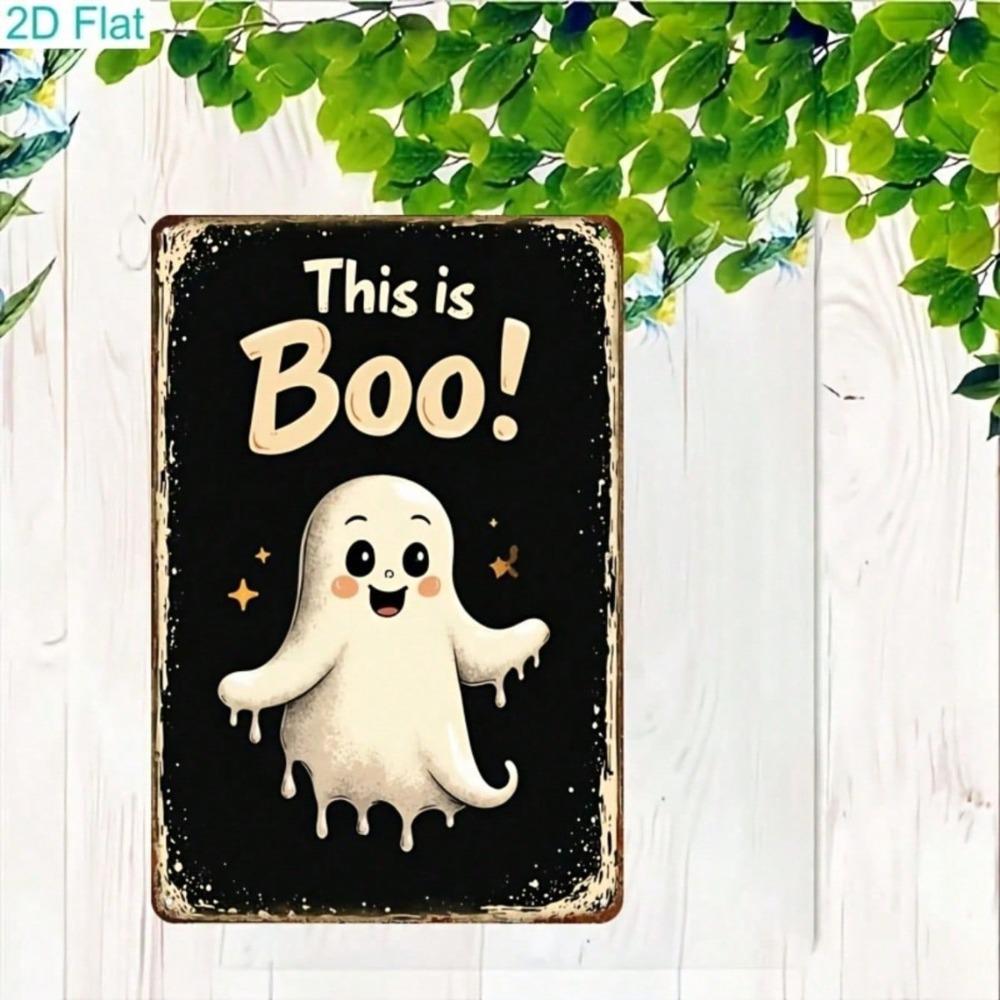 Spooky Boo Ghost Metal Tin Sign, Vintage Farmhouse Halloween Wall Art, 2D Decor for Kitchen, Garage, Bar, Cafe