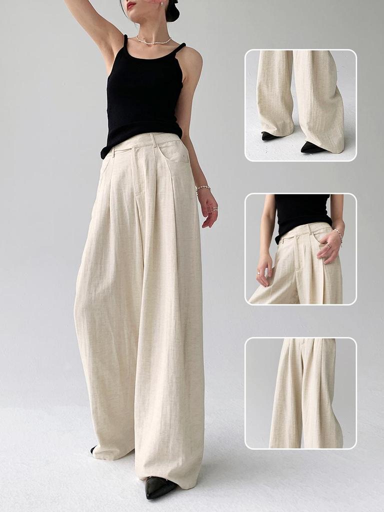 Women's Summer Wide-Leg Cotton Linen Trousers - Loose, Floor-Length, Casual Tencel Pants