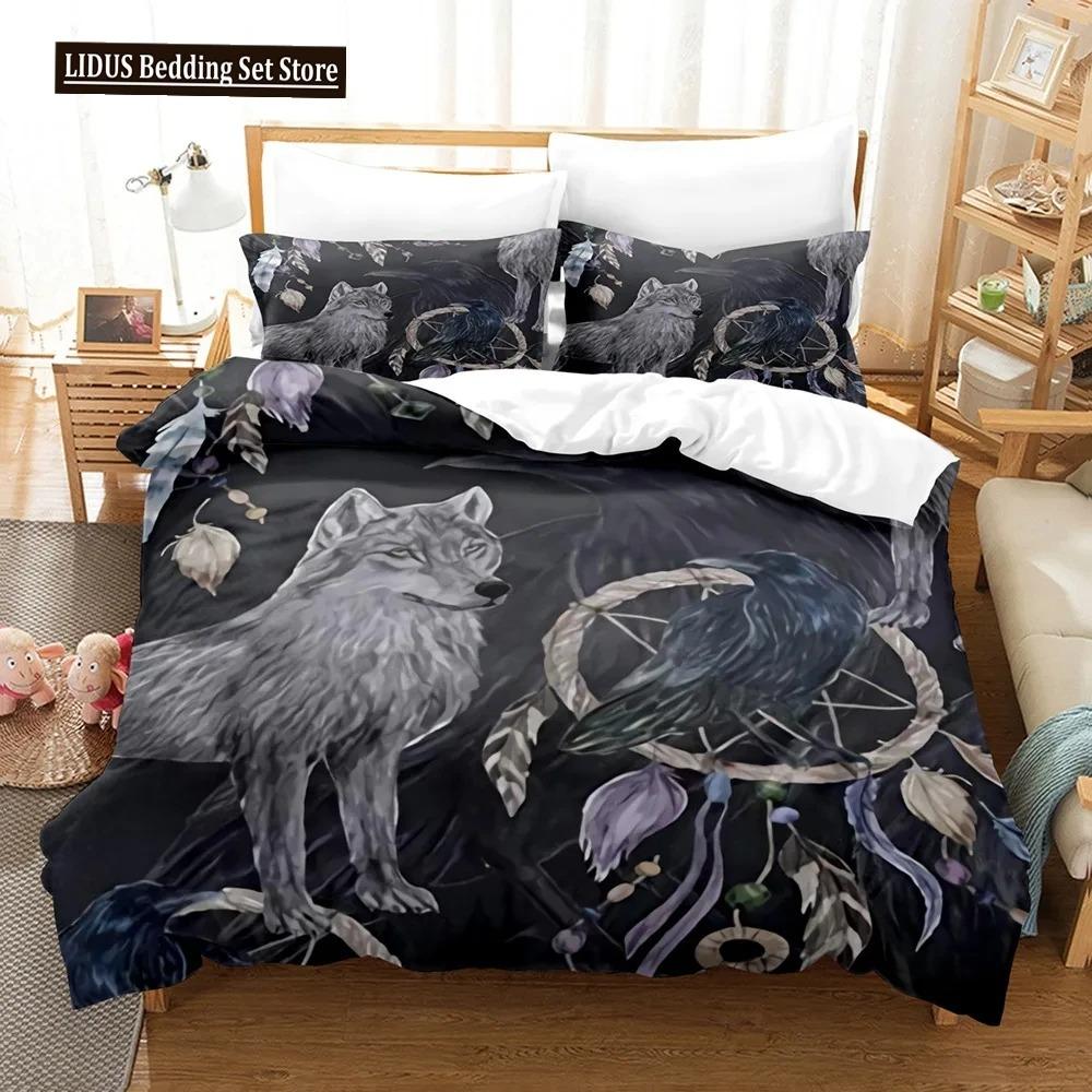 Boys Wolf Duvet Cover Set Queen Size, Boho Wolf Wildlife Animal Bedding Set Men Galaxy Dream Catcher Moon Polyester Quilt Cover