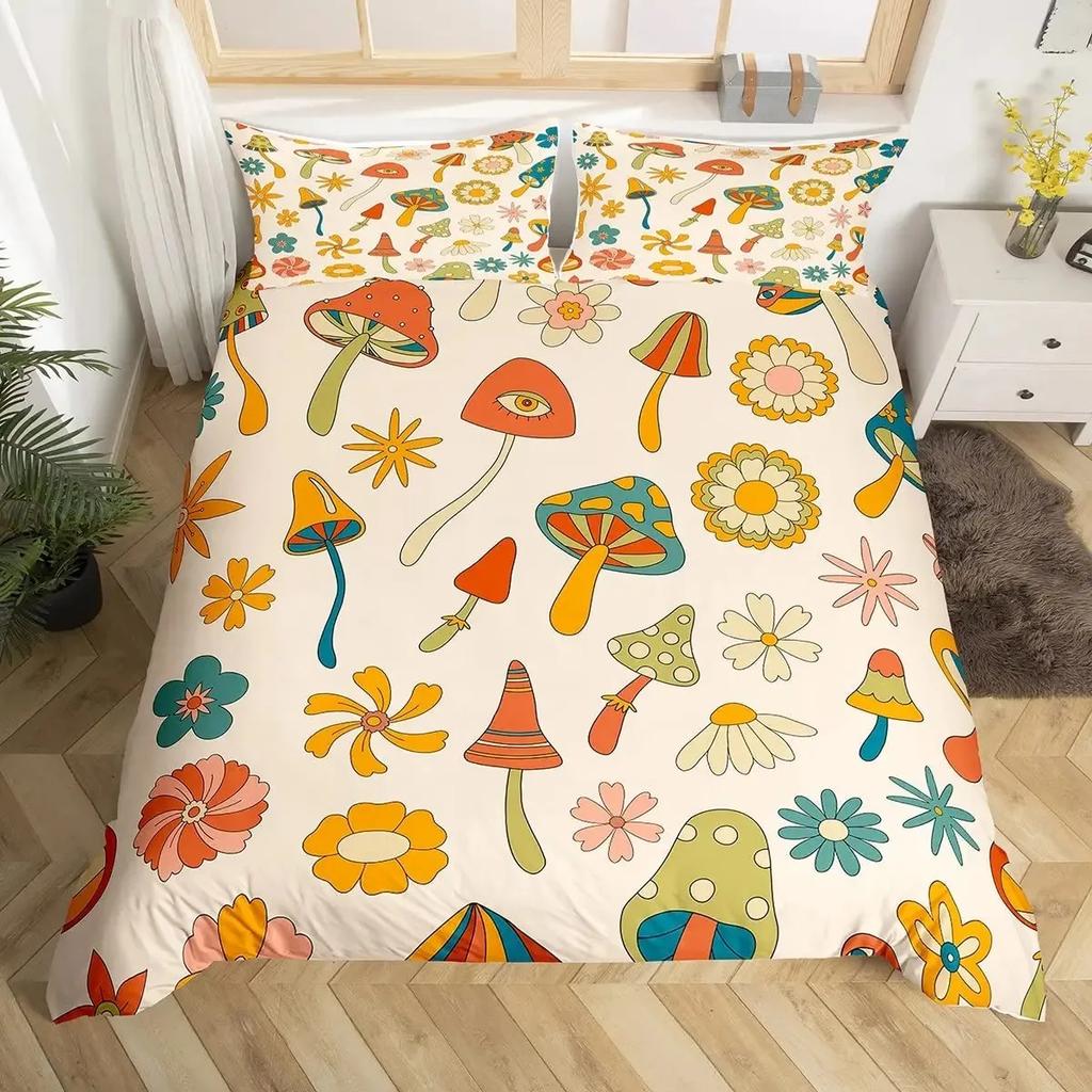 Retro 70er Jahre Hippie Stil Bettbezug Set Queen, Psychedelisches Pilz Bettwäsche Set Regenbogen Blumen Sterne Mond Bettdeckenbezug