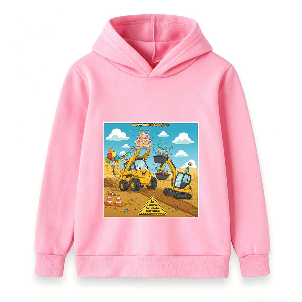Kids Happy Birthday Construction Truck Hoodie Cartoon Excavator Skid Steer Print Pullover for Boys Girls Casual Party Sweatshirt