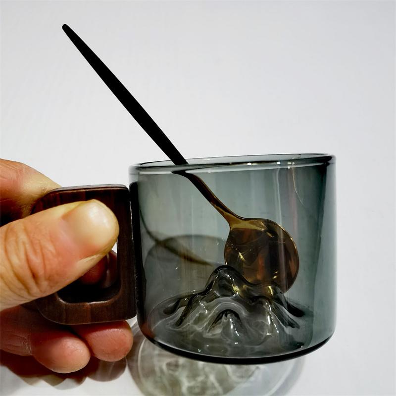 110ML Kleine Kapazität Espresso Glas Kaffeetasse Mit Holztablett Löffel Wiederverwendbare Teetasse Kunst Heim Barista Kaffee Zubehör