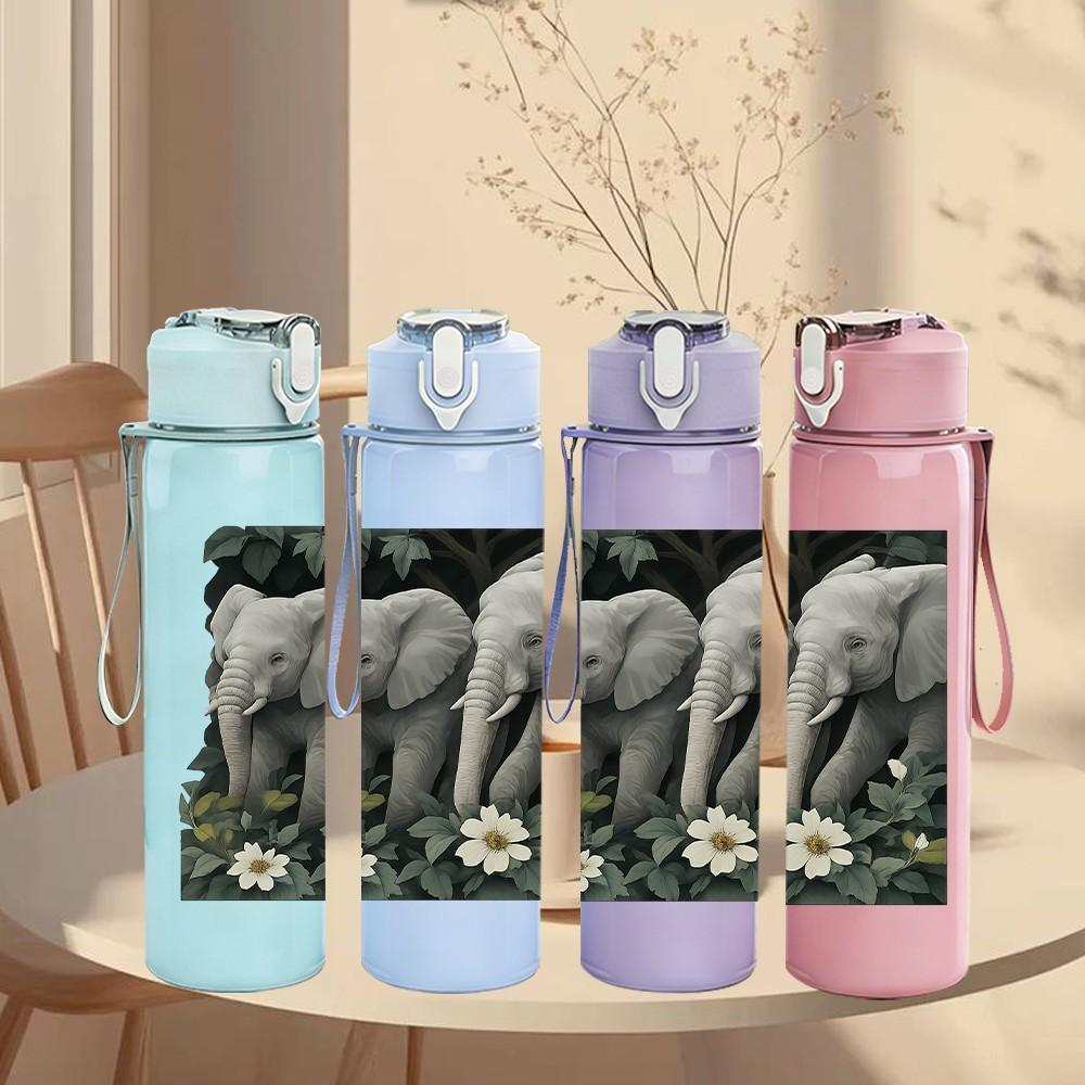 1PC Two Wild Elephant Watercolor Bust 750ml Color Plastic Sports Water Bottle Leakproof Flip Straw Lid For Sports Office Home Use