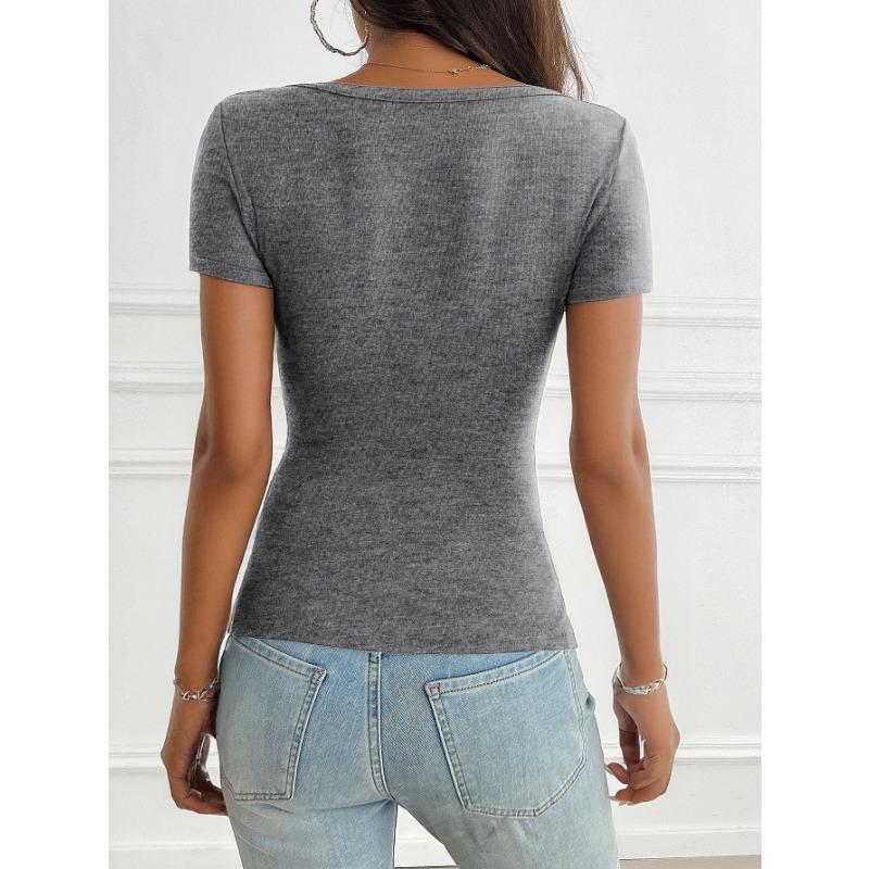 T-shirt Casual da Donna Scollo a V Bottoni Arricciata Manica Corta Vestibilità Aderente