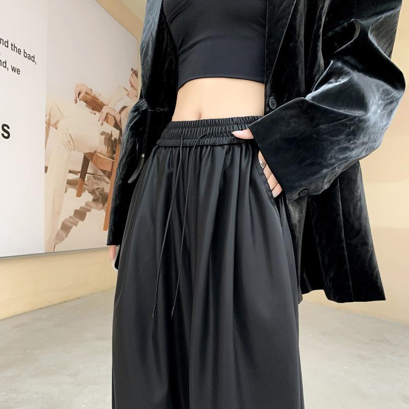 Pantalones de Moda Urbana Negros de Cuero PU de Pierna Ancha para Mujer Sólidos Rectos Sueltos Casuales Pantalones Elegantes de Cintura Alta Ajustados Vintage para Dama 25620