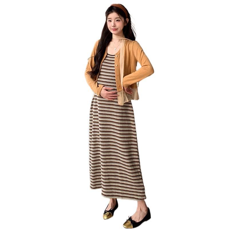 2026 Spring/Summer Striped Maternity Camisole Dress & Ruffled Knit Cardigan Set