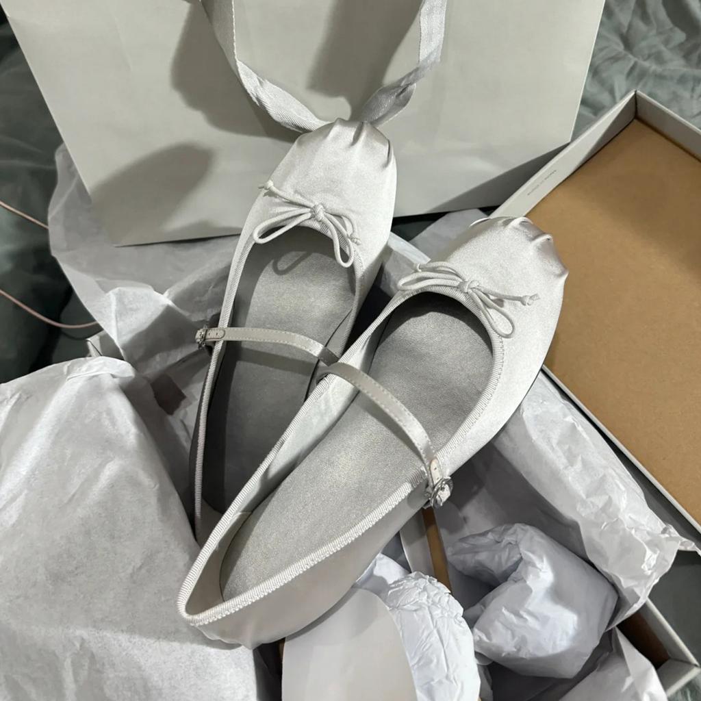 Sheepskin Edition~ Bow Ballet Shoes Gentle Fairy Wind One Pedal Flat Shoes Silver Mary Jane Single Shoes Women