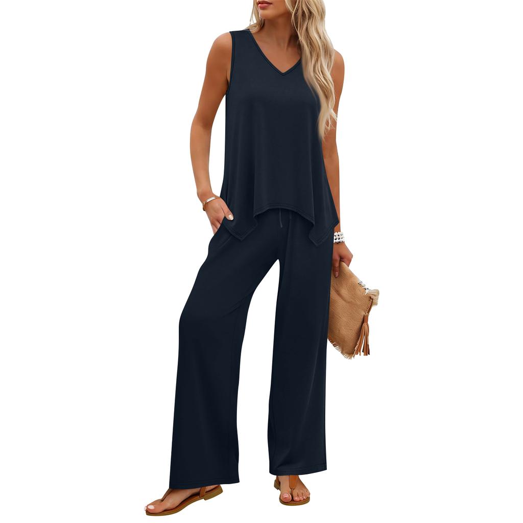 Women Sleeveless Tank Top and Wide Leg Pants Two Piece Set Casual Lounge Wear Travel Vacation Outfit Soft Fabric Relaxed Fit