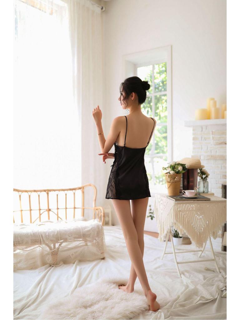 Sexy Temptation Lace Ice Silk Nightdress - Erotic Backless Lingerie for Women