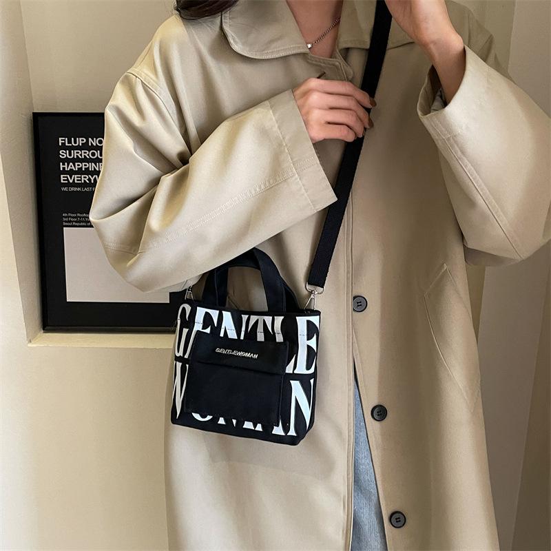 Small Mini Letter Printed Handheld Canvas Bag Contrasting Color Casual Shoulder Bag