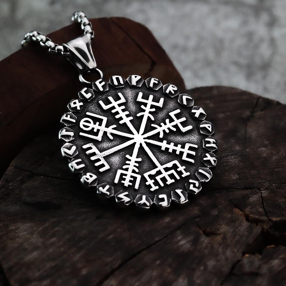 Edelstahl Wikinger Runen Kompass Anhänger Halskette - Stahl & Gold Finish, Beidseitiges Design
