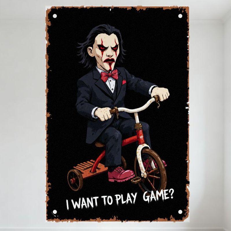 

Gothic Horror Cartoon Metal Tin Sign, Menacing Figure on Red Tricycle with I WANT TO PLAY GAME Text, Distressed Rusty Border, 20x30cm（7.8x11.8inch）