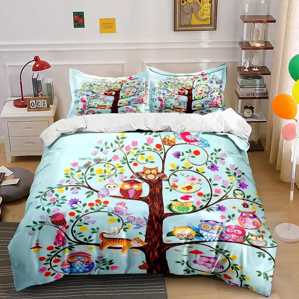 Colorful Owl Tree Decor Set Soft Comfortable Duvet Cover Bedding Set Included 1*Duvet Cover & 2*Pillowcases Gift