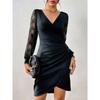 Women Sexy Slim Fit Lace Mesh Long Sleeve V Neck Bodycon Midi Dress