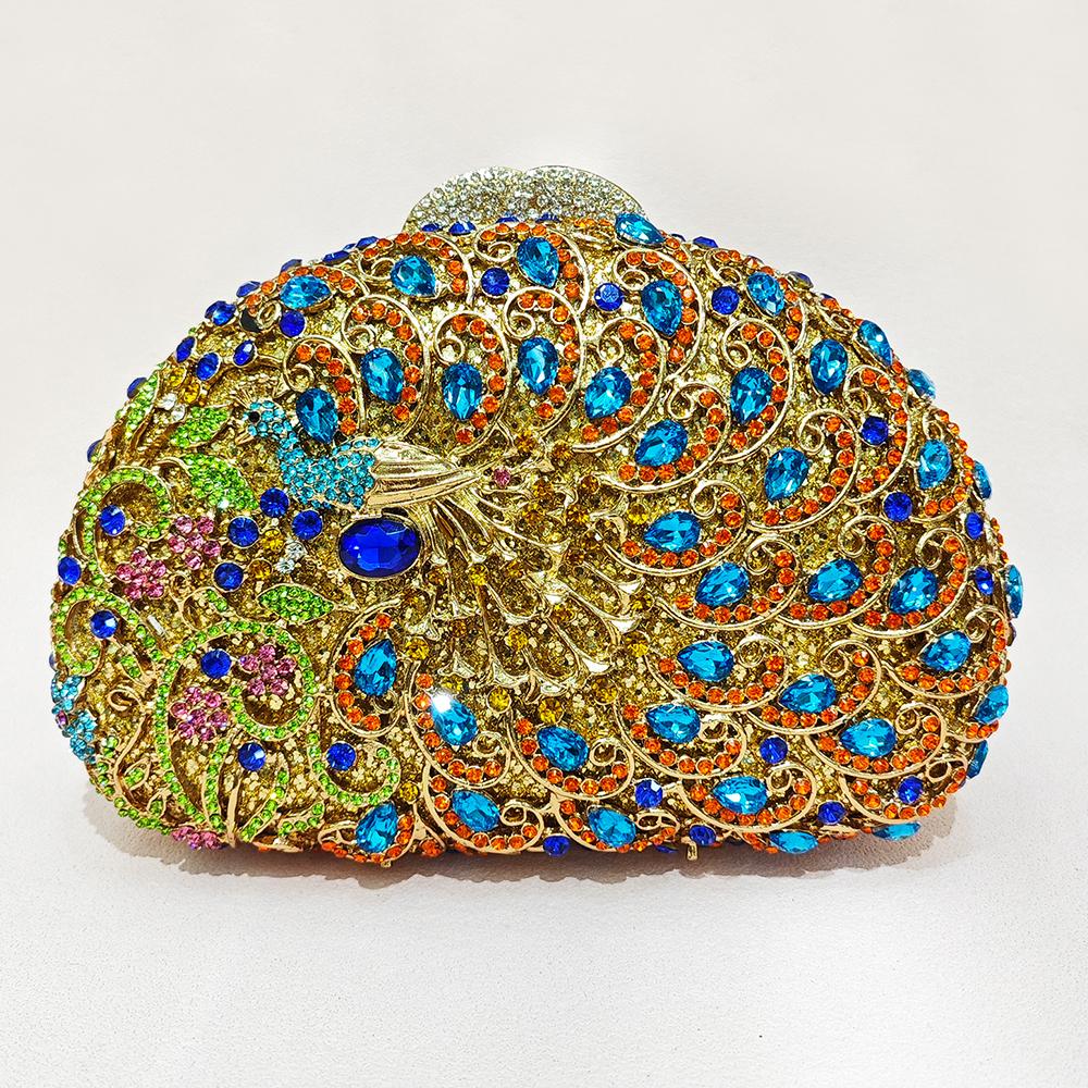 

Gold Stone Crystal Evening Bags Wedding Rhinestone Purses Hard Metal Purses Peacock Clutch Luxury Women Diamond Handbags 19cmX14cmX5cm